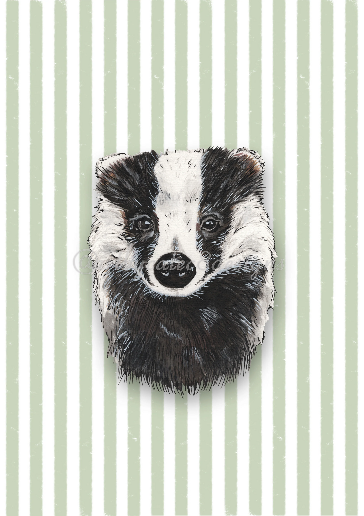 Watermarked - BADGER Watercolour Art Print - Green
A black and white painted badger head illustration centered on a pale green and white vertically striped background.