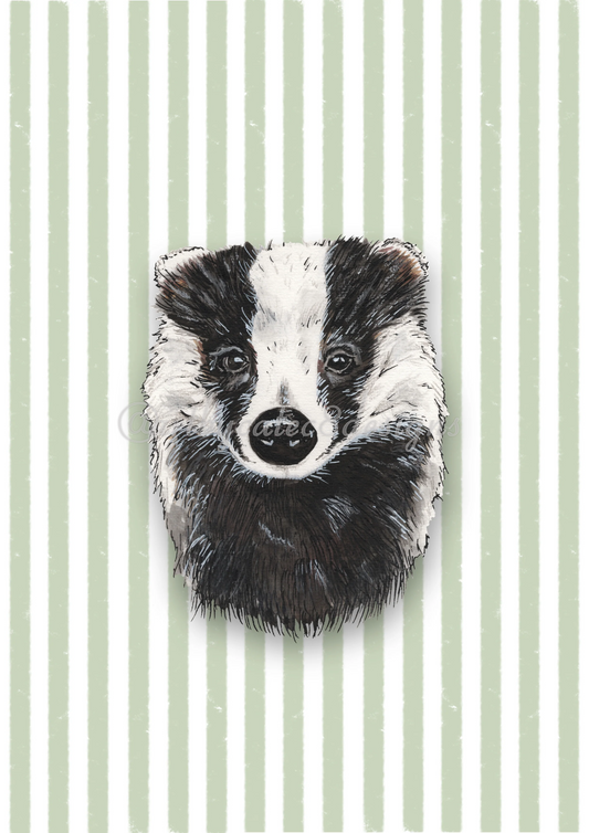 Watermarked - BADGER Watercolour Art Print - Green
A black and white painted badger head illustration centered on a pale green and white vertically striped background.