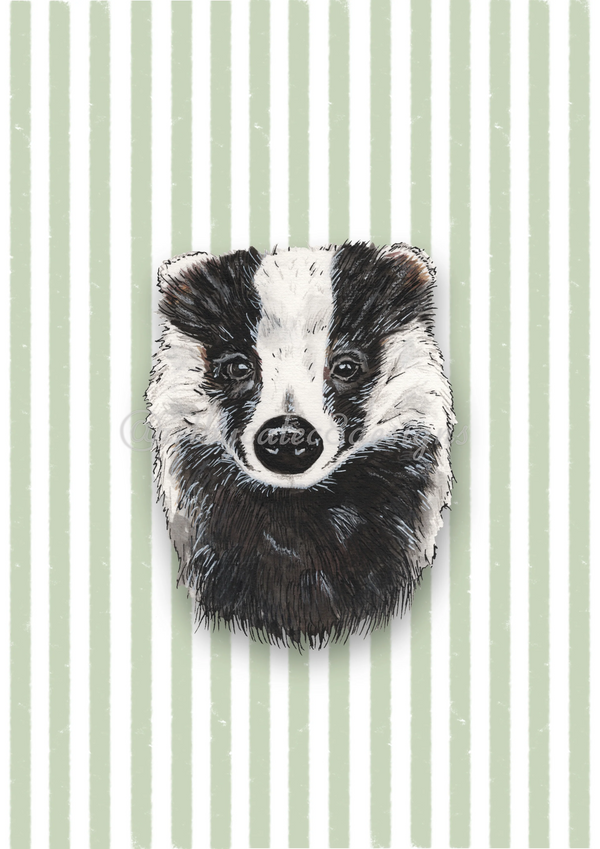 Watermarked - BADGER Watercolour Art Print - Green
A black and white painted badger head illustration centered on a pale green and white vertically striped background.