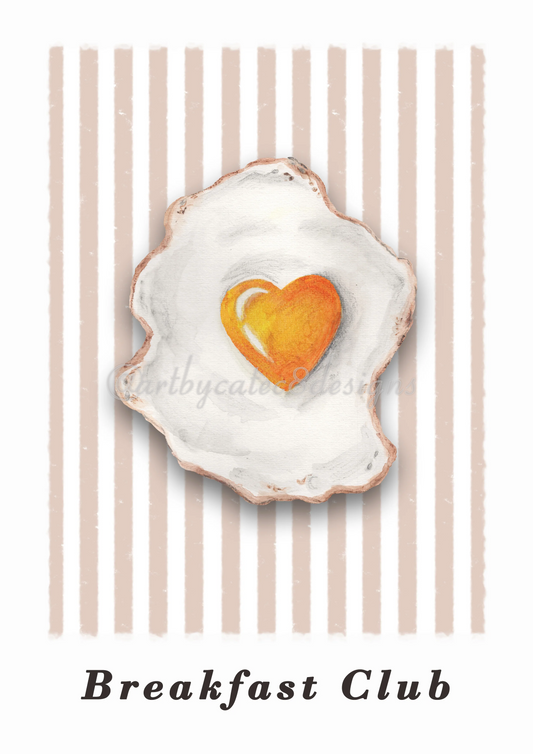 Watermarked - BREAKFAST CLUB Watercolour Art Print - Brown Stripe
Art print featuring a watercolour fried egg with a bright orange heart-shaped yolk on a white surface, set against a background of vertical beige and white stripes. The text 'Breakfast Club' is printed at the bottom.