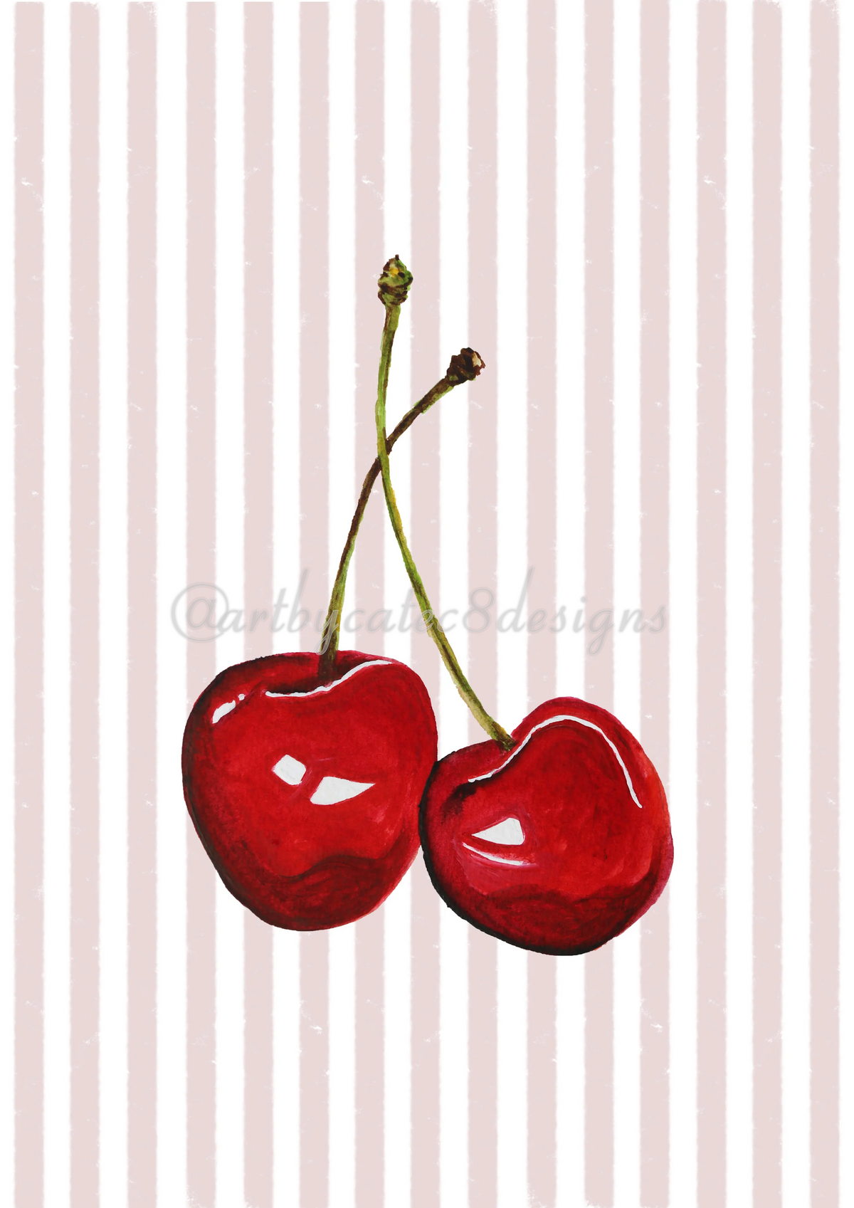 Watermarked - CHERRY Watercolour Art Print - Pink stripe
A stylized illustration of two red cherries with green stems on a white and pale pink vertically striped background.