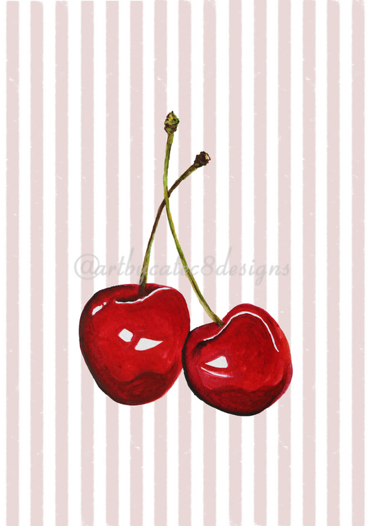 Watermarked - CHERRY Watercolour Art Print - Pink stripe
A stylized illustration of two red cherries with green stems on a white and pale pink vertically striped background.