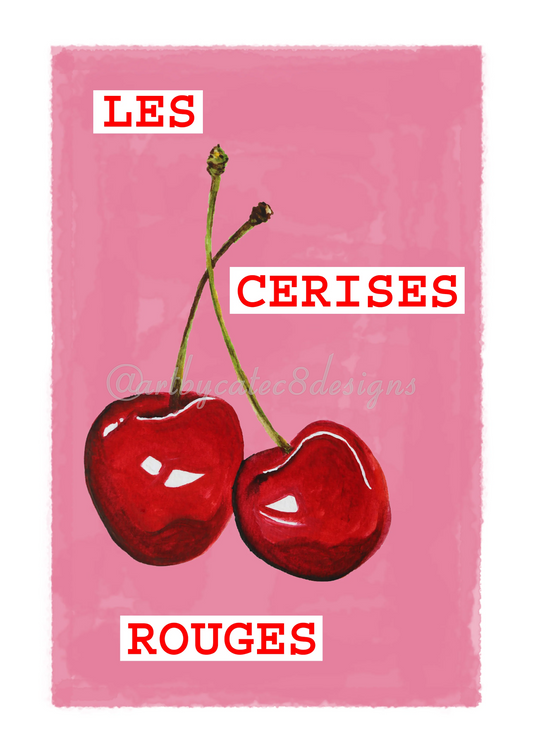 Watermarked - LES CERISES ROUGES Watercolour Art Print - Pink
An art print featuring a watercolour illustration of two red cherries on a pink background with French text reading 'LES CERISES ROUGES'.