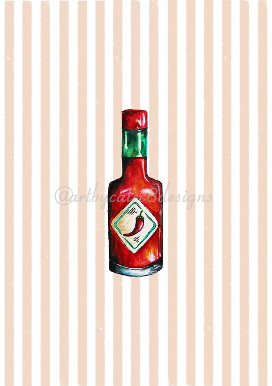 Watermarked - HOT SAUCE Watercolour Art Print - Orange Stripe
A watercolour illustration of a red hot sauce bottle centered on a cream and beige vertically striped background. The bottle has a green neck, a red cap, and a label with a red chili pepper.