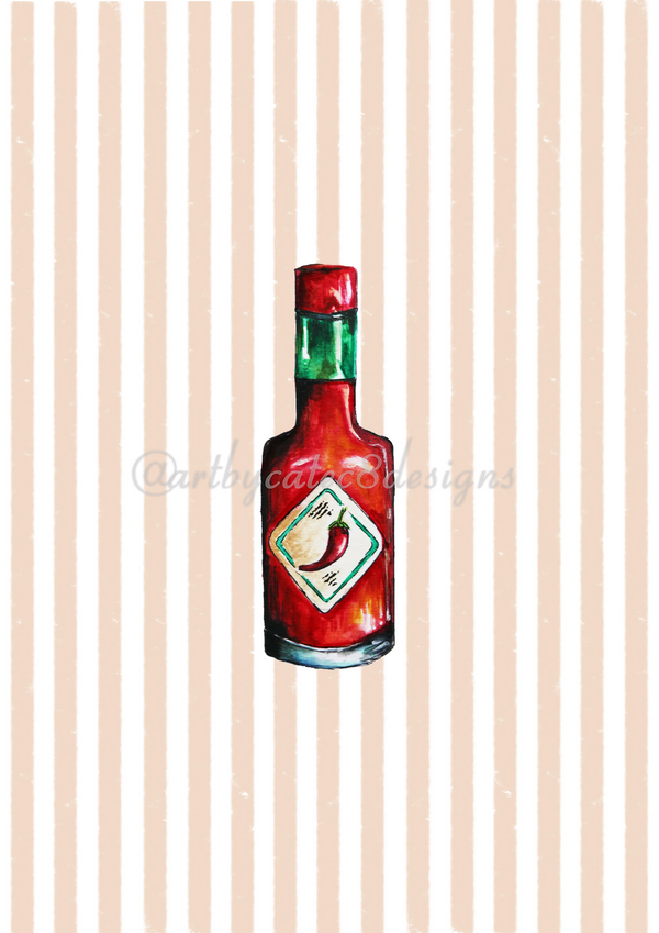 Watermarked - HOT SAUCE Watercolour Art Print - Orange Stripe
A watercolour illustration of a red hot sauce bottle centered on a cream and beige vertically striped background. The bottle has a green neck, a red cap, and a label with a red chili pepper.