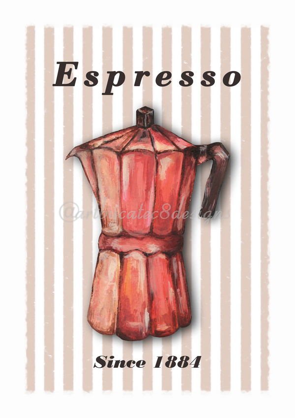 Watermarked - ESPRESSO Moka Pot Watercolour Art Print - Brown Stripe
A vintage-style illustrated espresso moka pot centered on a white background with pale beige vertical stripes. The word 'Espresso' appears at the top and 'Since 1884' at the bottom in a dark serif font.