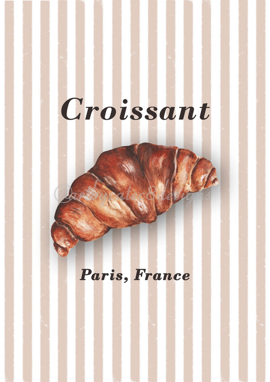 Watermarked - CROISSANT Watercolour Art Print - Brown Stripe
A croissant illustration centered on a beige and white vertically striped background, with the word 'Croissant' above and 'Paris, France' below in black serif text.