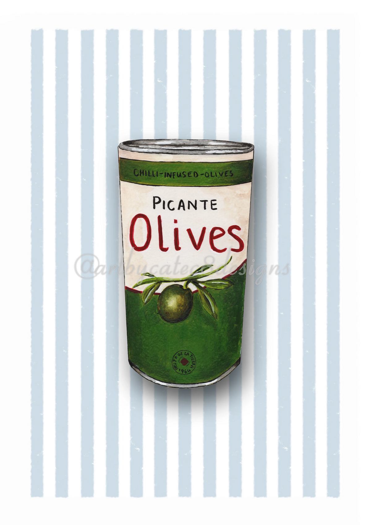 Watermarked - PICANTE OLIVES Watercolour Art Print - Blue Stripe
art print featuring a vintage-style illustration of a green can of olives with the text 'Picante Olives' on a background of light blue and white vertical stripes
