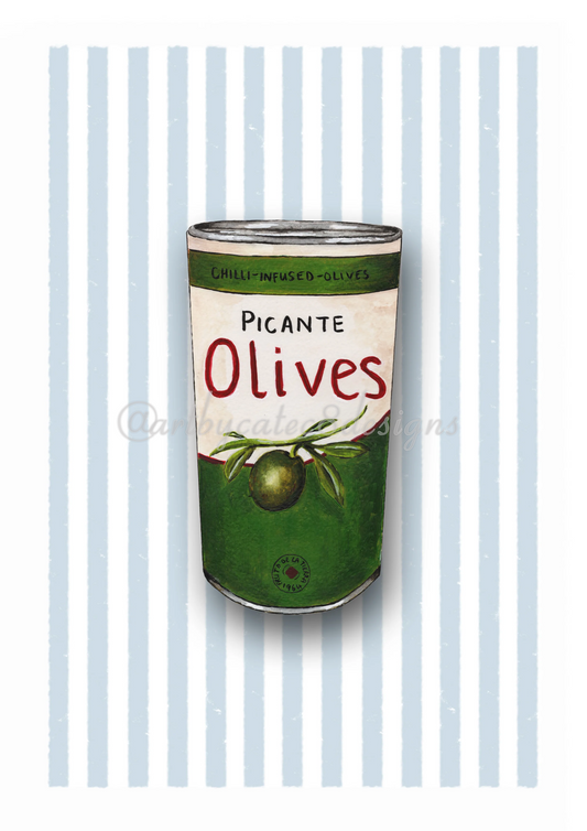 Watermarked - PICANTE OLIVES Watercolour Art Print - Blue Stripe
art print featuring a vintage-style illustration of a green can of olives with the text 'Picante Olives' on a background of light blue and white vertical stripes