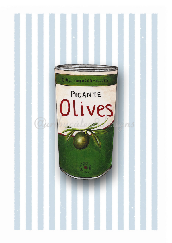 Watermarked - PICANTE OLIVES Watercolour Art Print - Blue Stripe
art print featuring a vintage-style illustration of a green can of olives with the text 'Picante Olives' on a background of light blue and white vertical stripes