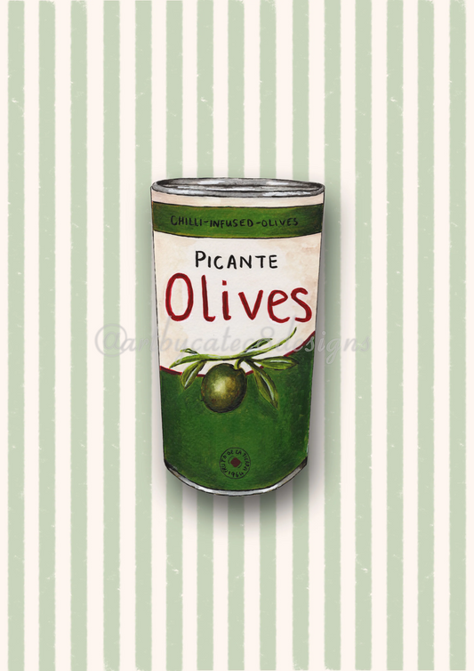 Watermarked - PICANTE OLIVES Watercolour Art Print - Green Stripe
art print featuring a retro-style illustration of a green can of olives with the text 'PICANTE Olives' on a background of pale green and white vertical stripes.