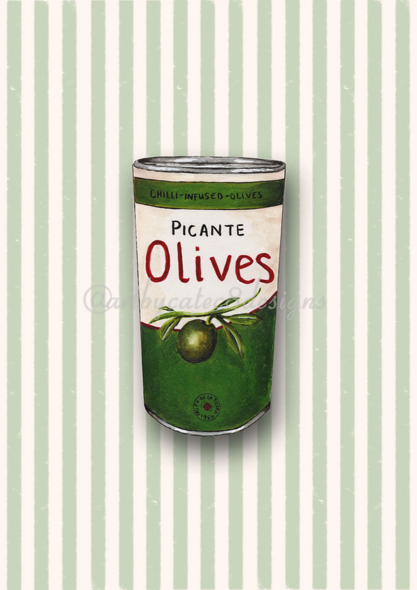 Watermarked - PICANTE OLIVES Watercolour Art Print - Green Stripe
art print featuring a retro-style illustration of a green can of olives with the text 'PICANTE Olives' on a background of pale green and white vertical stripes.