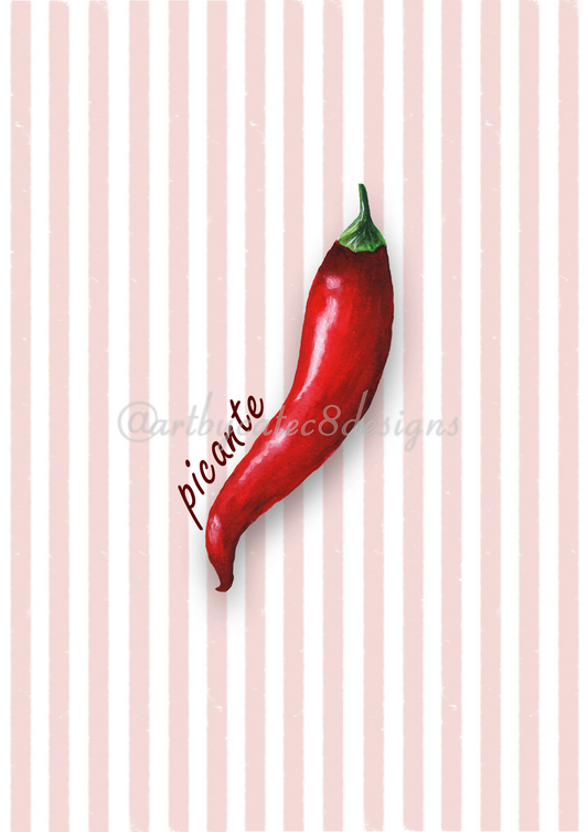 Watermarked - CHILLI Watercolour Art Print - Pink Stripe art print featuring a single red chili pepper on a white and pale pink striped background, with the word 'picante' written in script.