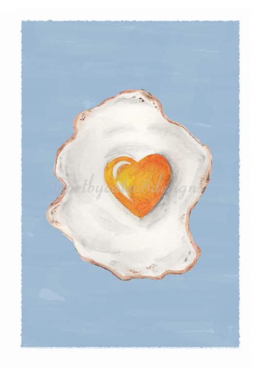 Watermarked - EGG Watercolour Art Print - Blue art print featuring a painted fried egg with a bright orange heart-shaped yolk on a light blue background