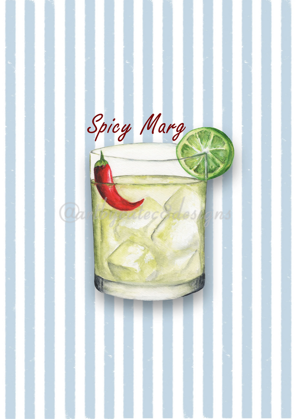 Watermarked - SPICY MARG Watercolour Art Print - Blue Stripe 
A framed art print featuring a watercolor illustration of a 'Spicy Marg' cocktail with a lime wheel and chili pepper, set against a light blue and white striped background.