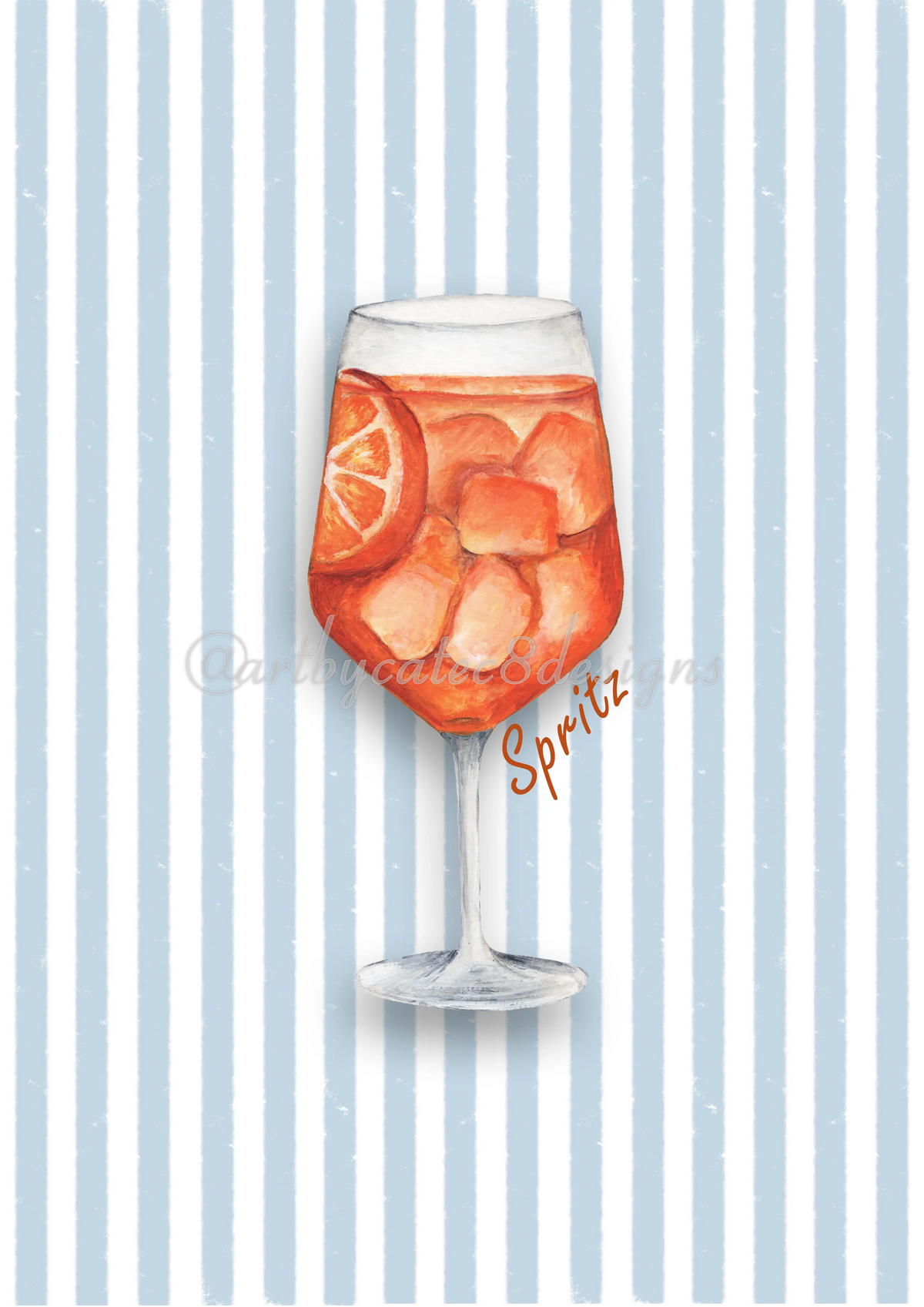Watermarked - ORANGE SPRITZ Watercolour Art Print - Blue Stripe art print featuring a watercolour illustration of a glass of orange soda with ice and a lemon slice, set against a background of vertical light blue and white stripes. The word 'Spiritz' is written in a cursive font near the glass.