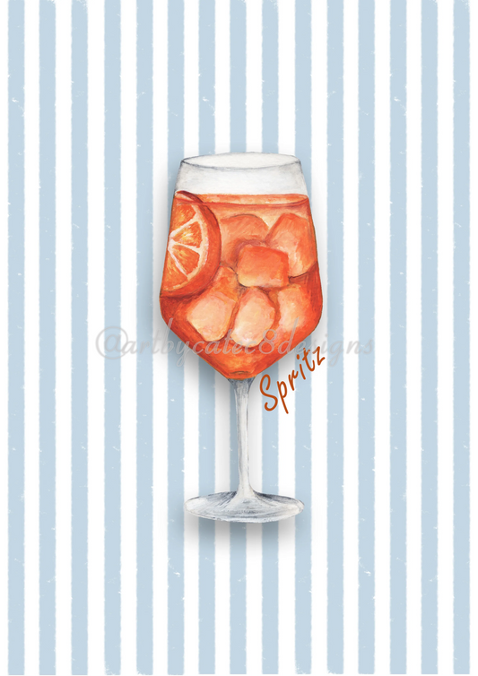 Watermarked - ORANGE SPRITZ Watercolour Art Print - Blue Stripe art print featuring a watercolour illustration of a glass of orange soda with ice and a lemon slice, set against a background of vertical light blue and white stripes. The word 'Spiritz' is written in a cursive font near the glass.