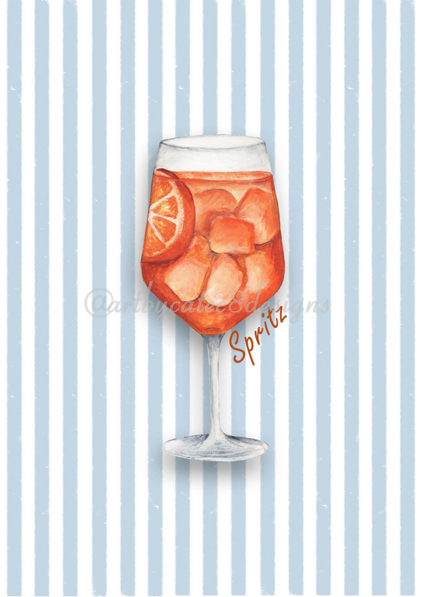 Watermarked - ORANGE SPRITZ Watercolour Art Print - Blue Stripe art print featuring a watercolour illustration of a glass of orange soda with ice and a lemon slice, set against a background of vertical light blue and white stripes. The word 'Spiritz' is written in a cursive font near the glass.