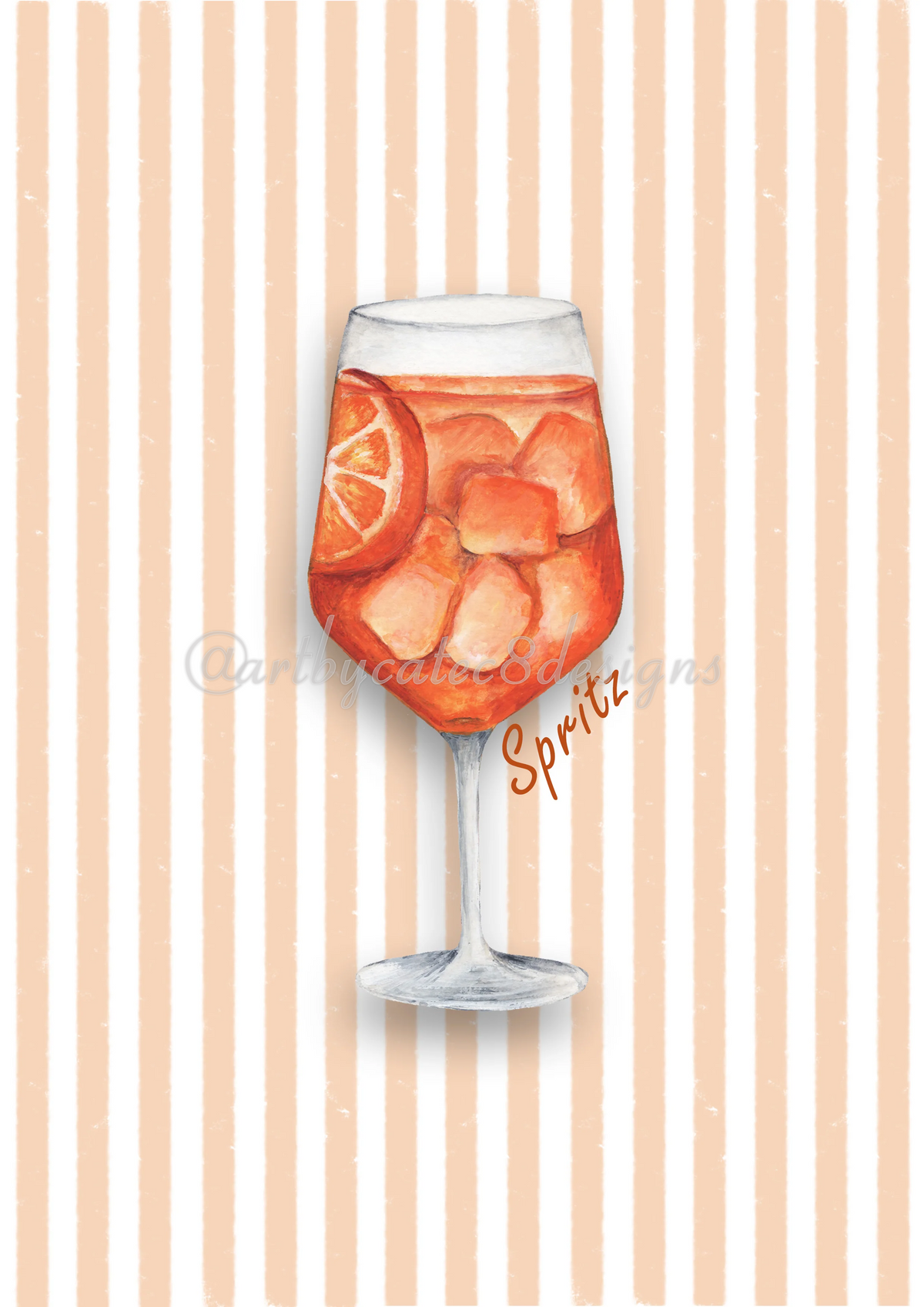 Watermarked - ORANGE SPRITZ Watercolour Art Print - Orange Stripe art print featuring a watercolour illustration of a glass of orange soda with ice and a lemon slice, set against a background of vertical peach and white stripes.