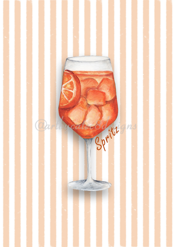 Watermarked - ORANGE SPRITZ Watercolour Art Print - Orange Stripe art print featuring a watercolour illustration of a glass of orange soda with ice and a lemon slice, set against a background of vertical peach and white stripes.