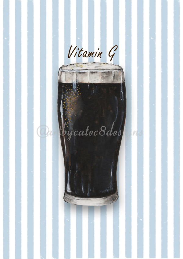 Watermarked - VITAMIN G Watercolour Art Print - Blue Stripe art print featuring a dark pint of stout on a background of vertical light blue and white stripes, with the text 'Vitamin B' written above the drink