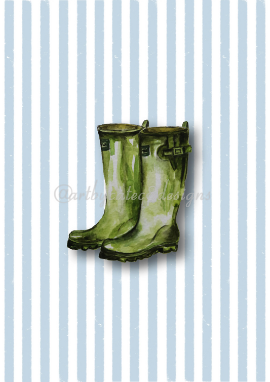 Watermarked - WELLIES Watercolour Art Print - Blue Stripe art print featuring a pair of green rain boots centered on a background of light blue and white vertical stripes
