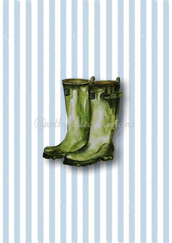 Watermarked - WELLIES Watercolour Art Print - Blue Stripe art print featuring a pair of green rain boots centered on a background of light blue and white vertical stripes