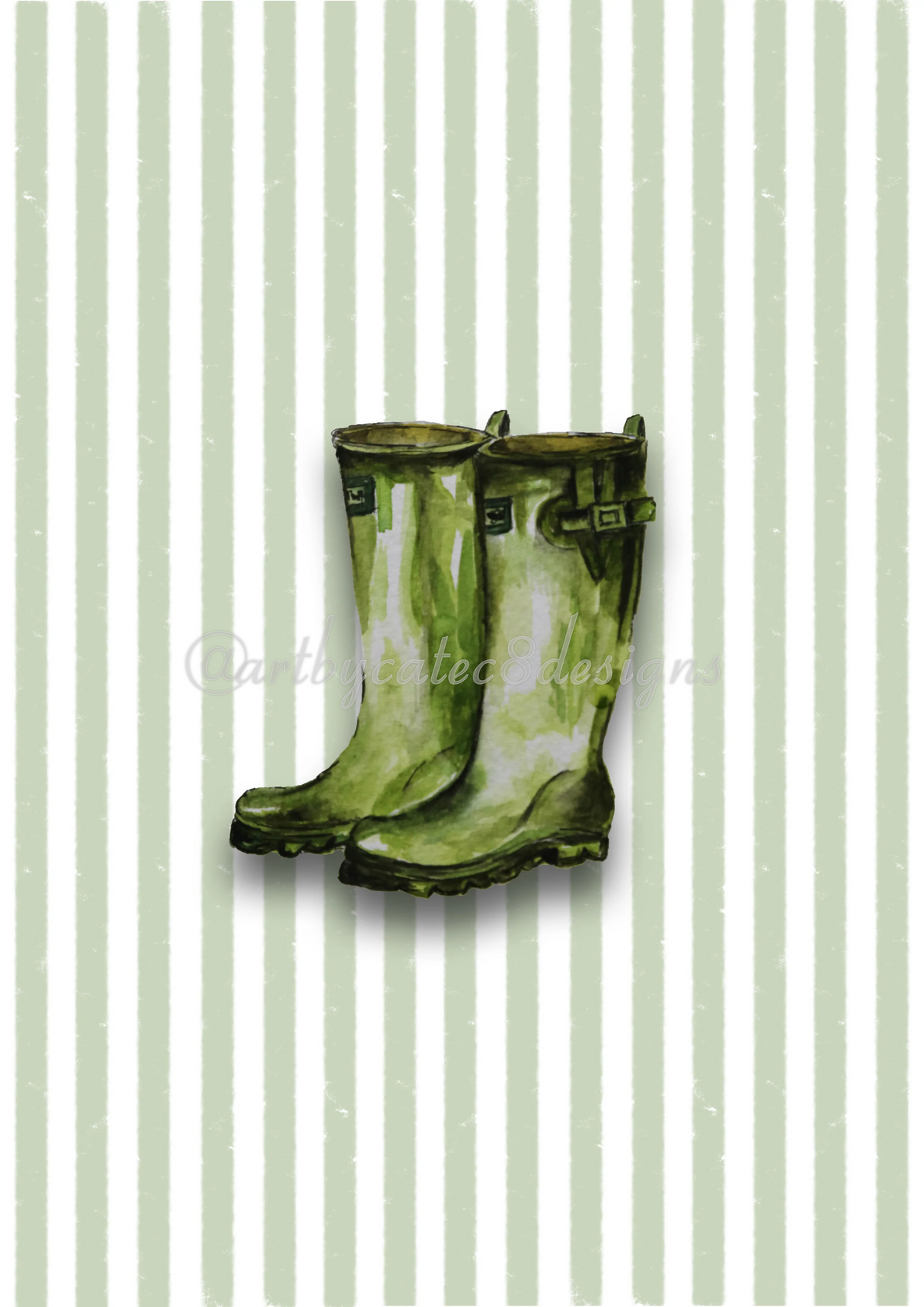 Watermarked - WELLIES Watercolour Art Print - Green Stripe art print featuring a pair of green rain boots centered on a background of vertical light green and white stripes
