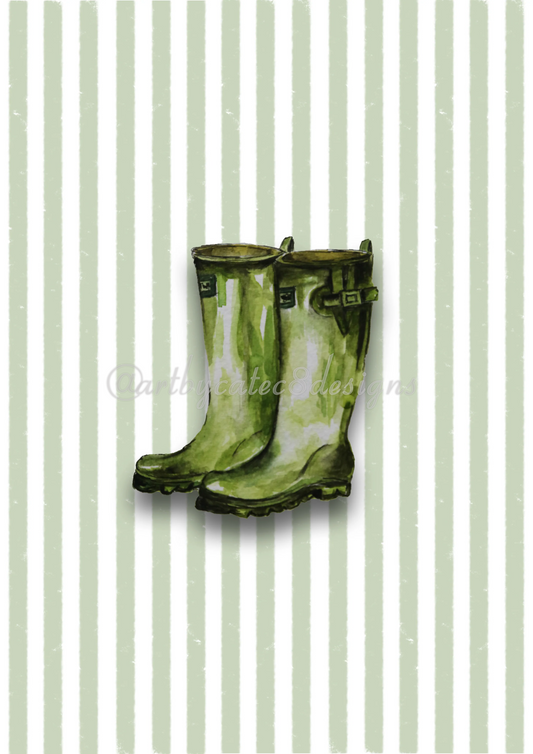 Watermarked - WELLIES Watercolour Art Print - Green Stripe art print featuring a pair of green rain boots centered on a background of vertical light green and white stripes