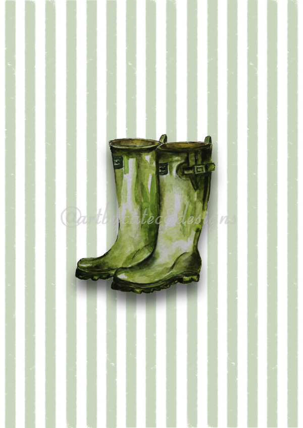 Watermarked - WELLIES Watercolour Art Print - Green Stripe art print featuring a pair of green rain boots centered on a background of vertical light green and white stripes