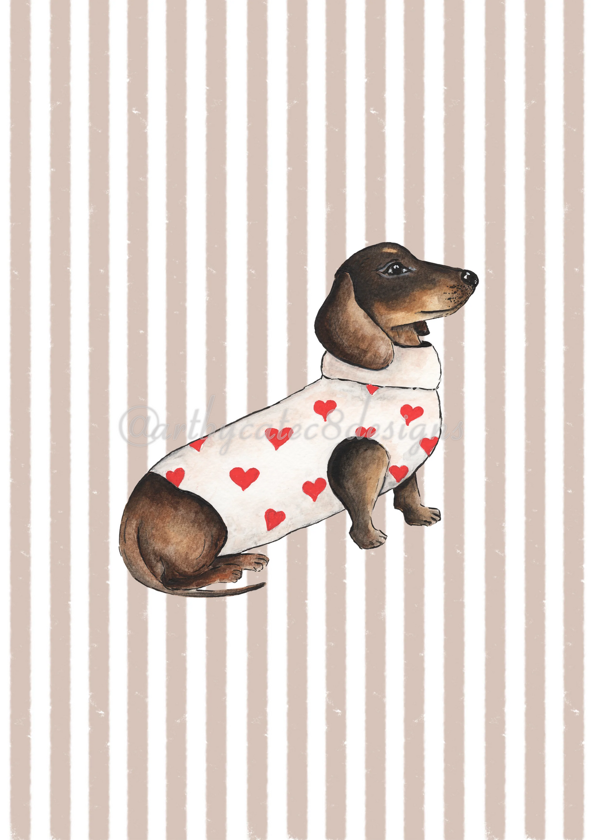 Watermarked - DACHSHUND HEART JUMPER Watercolour Art Print - Brown Stripe
A dachshund illustration wearing a white sweater with red hearts, set against a beige and white vertically striped background.
