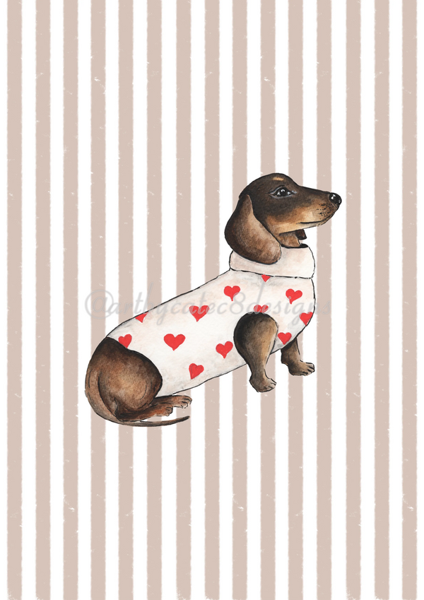 Watermarked - DACHSHUND HEART JUMPER Watercolour Art Print - Brown Stripe
A dachshund illustration wearing a white sweater with red hearts, set against a beige and white vertically striped background.