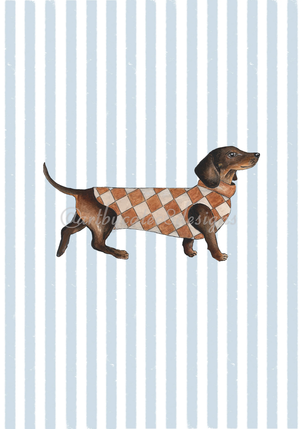 Watermarked - DACHSHUND ARGYLE JUMPER Watercolour Art Print - Blue Stripe
A dachshund wearing a brown and beige argyle sweater, set against a background of vertical light blue and white stripes.