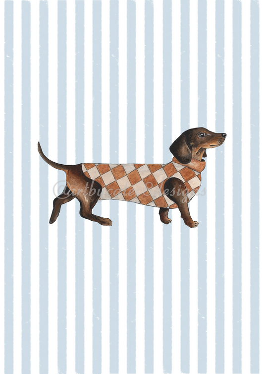 Watermarked - DACHSHUND ARGYLE JUMPER Watercolour Art Print - Blue Stripe
A dachshund wearing a brown and beige argyle sweater, set against a background of vertical light blue and white stripes.