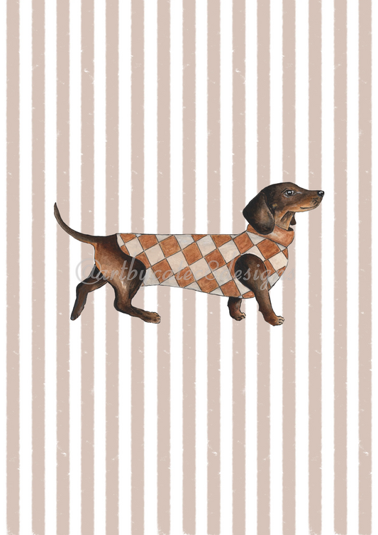 Watermarked - DACHSHUND ARGYLE JUMPER Watercolour Art Print - Brown Stripe
A dachshund wearing a brown and cream argyle sweater, set against a background of vertical beige and white stripes.