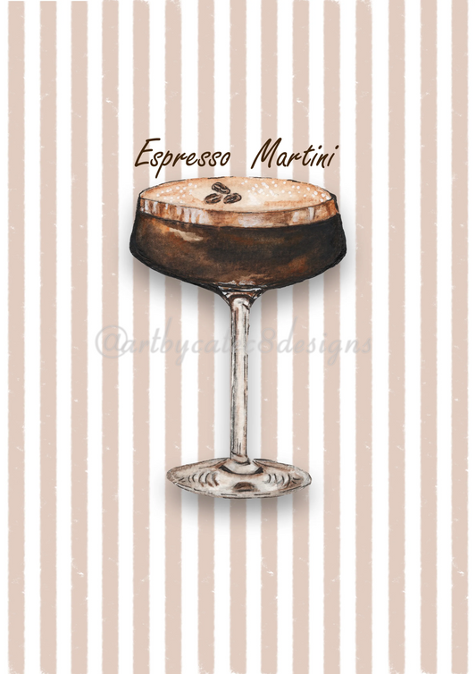 Watermarked - ESPRESSO MARTINI Watercolour Art Print - Brown Stripe
A watercolour illustration of an espresso martini in a coupe glass, centered on a beige and white vertically striped background with the words 'Espresso Martini' above it.