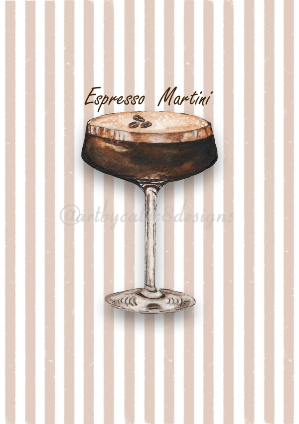 Watermarked - ESPRESSO MARTINI Watercolour Art Print - Brown Stripe
A watercolour illustration of an espresso martini in a coupe glass, centered on a beige and white vertically striped background with the words 'Espresso Martini' above it.
