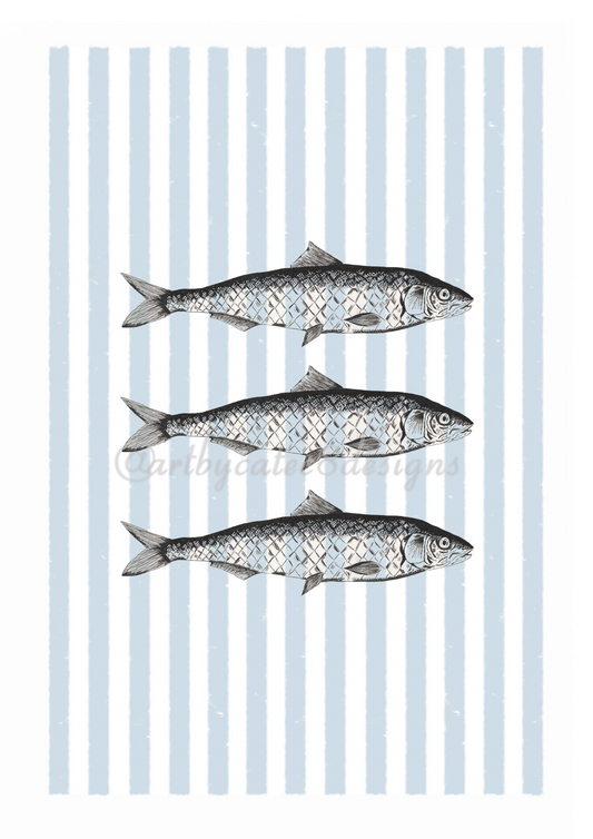 Watermarked - SARDINES Ink Drawing Art Print - Blue Stripe 
An art print featuring three horizontal illustrations of silver and grey fish on a background of vertical light blue and white stripes.