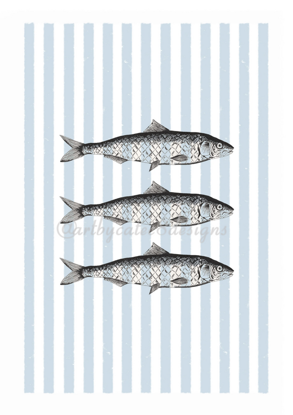 Watermarked - SARDINES Ink Drawing Art Print - Blue Stripe 
An art print featuring three horizontal illustrations of silver and grey fish on a background of vertical light blue and white stripes.