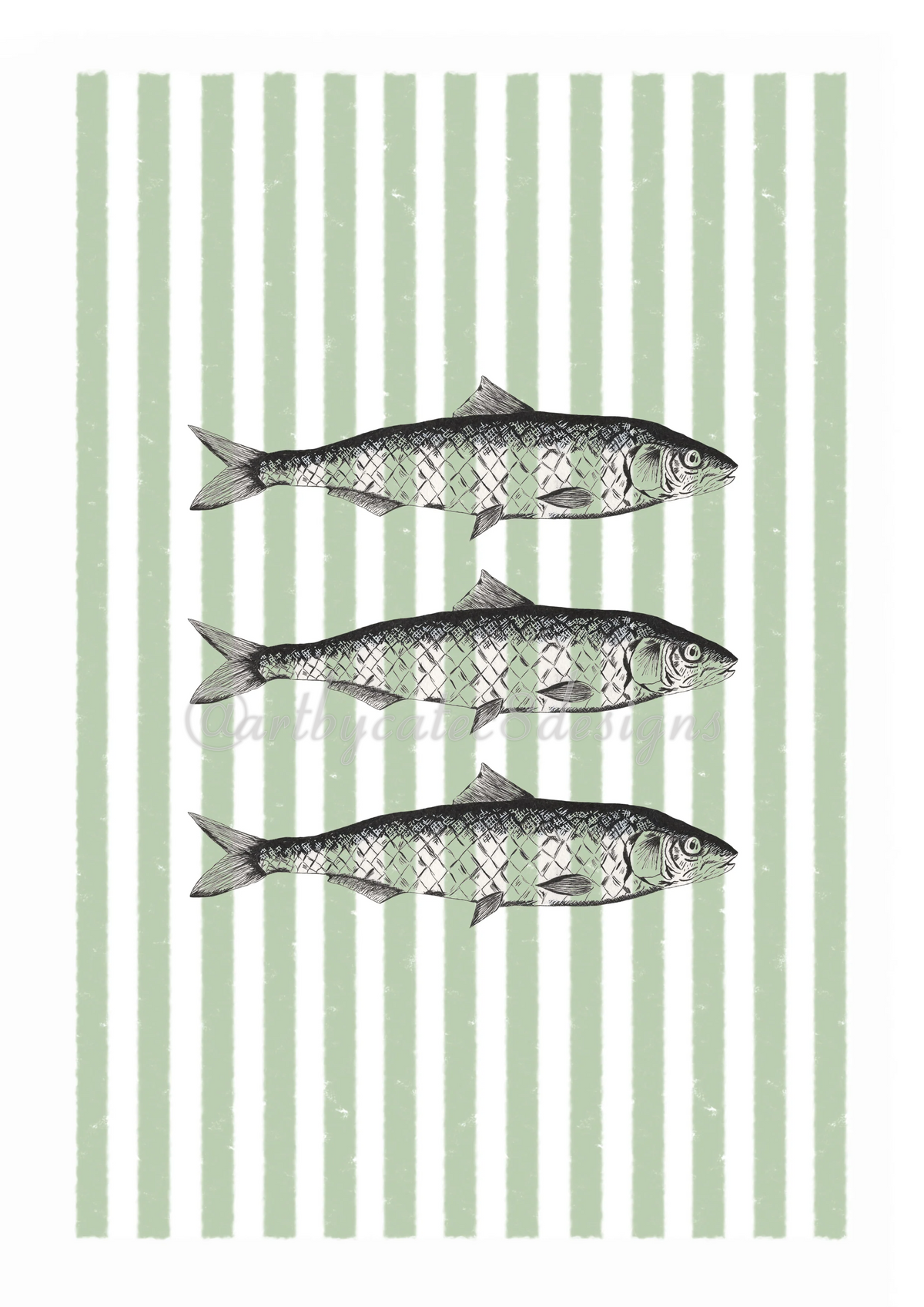 A Watermarked - SARDINES Ink Drawing Art Print - Green Stripe decorative art print featuring three horizontal black-and-white fish illustrations centered on a background of vertical sage green and white stripes.