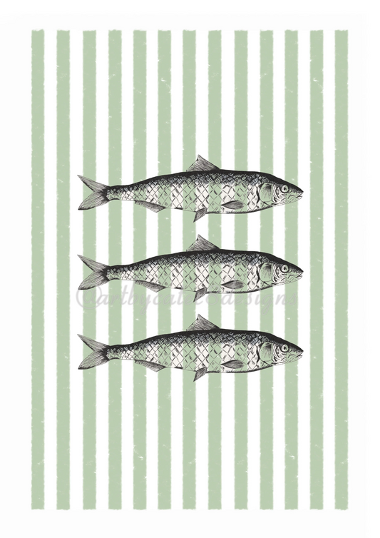 A Watermarked - SARDINES Ink Drawing Art Print - Green Stripe decorative art print featuring three horizontal black-and-white fish illustrations centered on a background of vertical sage green and white stripes.