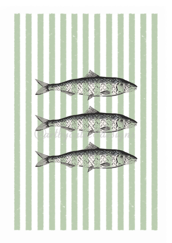 A Watermarked - SARDINES Ink Drawing Art Print - Green Stripe decorative art print featuring three horizontal black-and-white fish illustrations centered on a background of vertical sage green and white stripes.