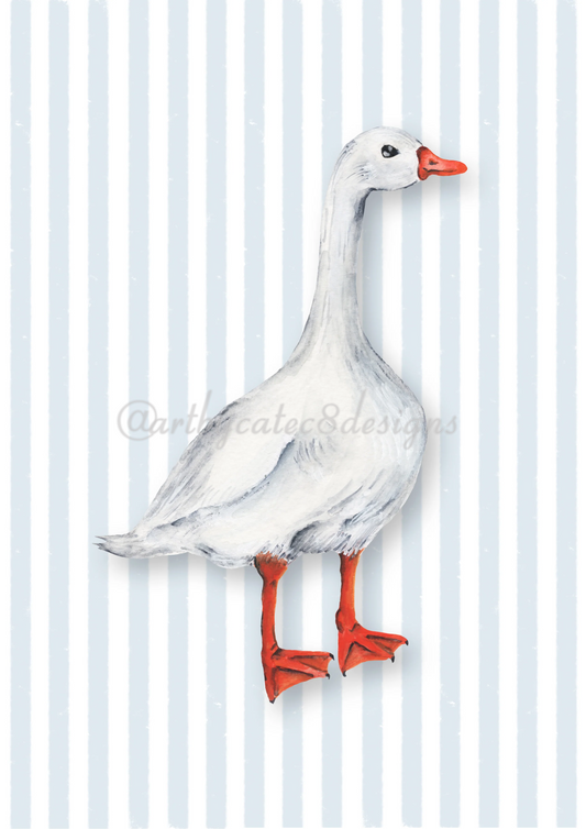 Watermarked - GOOSE Watercolour Art Print - Blue Stripe
A watercolour white goose with orange beak and orange webbed feet, standing against a light blue and white vertical striped background. A faint watermark reading @artycatec8designs is visible across the center.