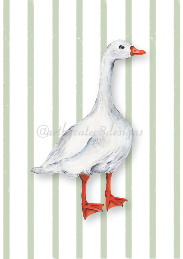 Watermarked - GOOSE Watercolour Art Print - Green Stripe
A watercolour-style illustration of a white goose with orange-red beak and webbed feet, standing against a white background with pale green vertical stripes. A faint watermark reading @artycatec8designs is visible across the centre