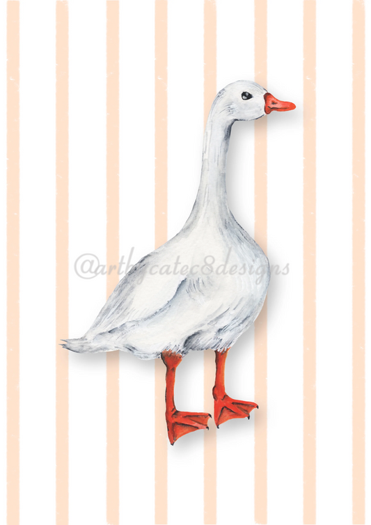 Watermarked - GOOSE Watercolour Art Print - Orange Stripe
A watercolour-style illustration of a white goose with a red-orange beak and webbed feet, standing against a white background with pale peach vertical stripes. A faint watermark reading @artycatec8designs appears across the centre
