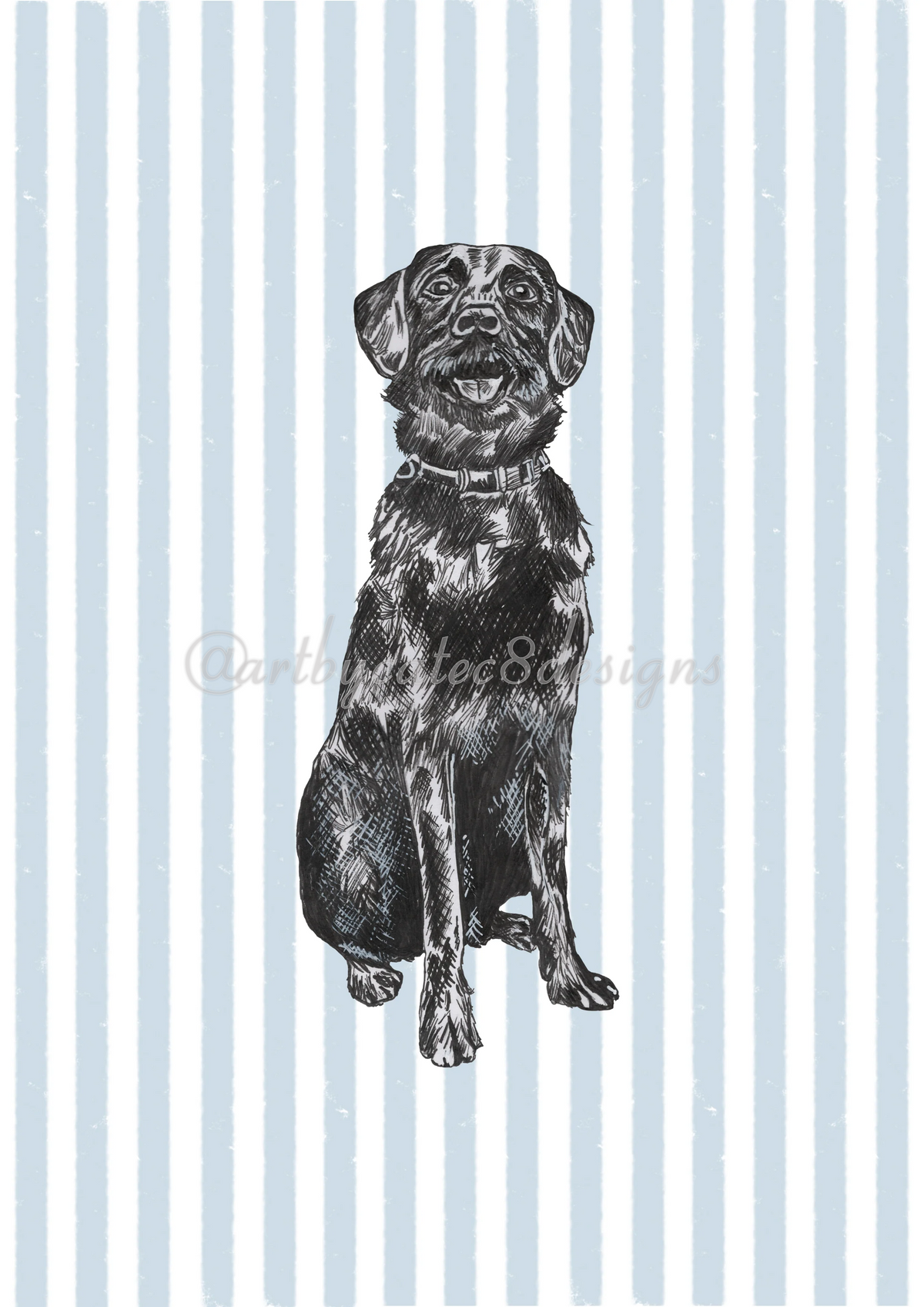 Watermarked - BLACK LABRADOR Ink Drawing Art Print 
A black ink sketch of a sitting dog centered on a light blue and white vertically striped background, with a faint watermark across the middle.