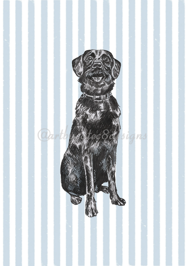 Watermarked - BLACK LABRADOR Ink Drawing Art Print 
A black ink sketch of a sitting dog centered on a light blue and white vertically striped background, with a faint watermark across the middle.