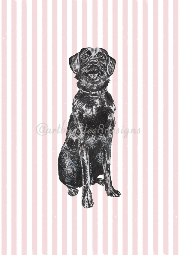 Watermarked - BLACK LABRADOR Ink Drawing Art Print
A black ink-style illustration of a sitting dog centered on a pale pink and white vertically striped background.
