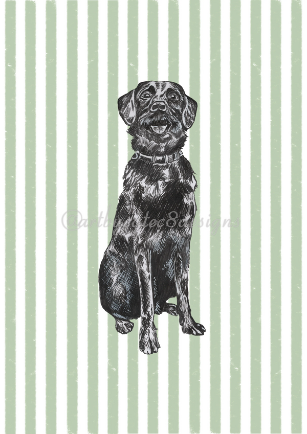 Watermarked - BLACK LABRADOR Ink Drawing Art Print
A vintage-style black ink illustration of a sitting dog centered on a background of vertical sage green and white stripes.