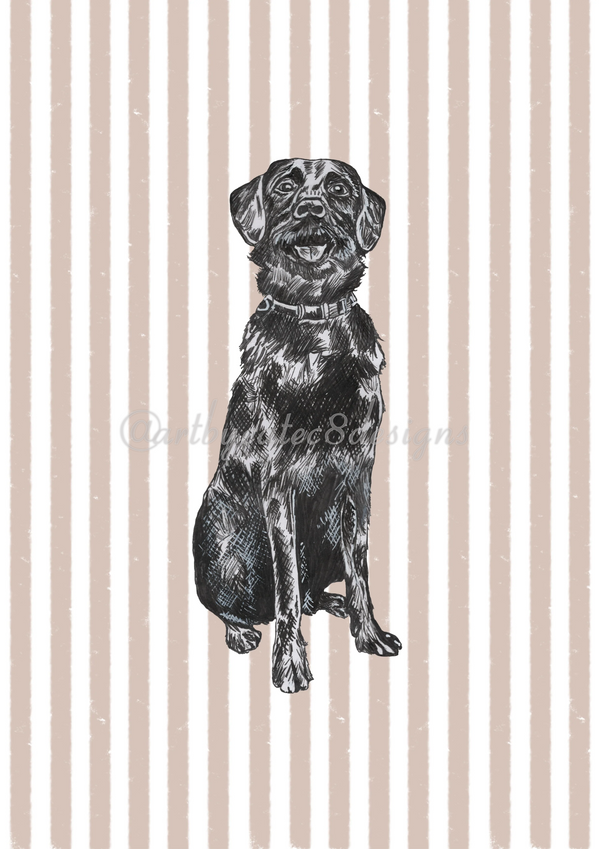Watermarked - BLACK LABRADOR Ink Drawing Art Print
A black ink-style illustration of a sitting dog centered on a pale brown and white vertically striped background.
